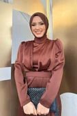 Etek Püskül Detay Kemer Aksesuarlı Saten Abiye Elbise 3763 Kahverengi thumbnail 4
