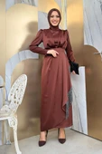 Etek Püskül Detay Kemer Aksesuarlı Saten Abiye Elbise 3763 Kahverengi thumbnail 1