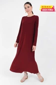 Düz Bisklet Yaka Uzun Kol İç Sandy Elbise 3202 Bordo - 1
