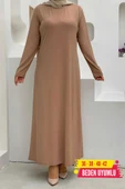 Düz Bisklet Yaka Uzun Kol İç Sandy Elbise 3202 Taba - 3
