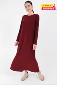 Büyük Beden Düz Bisklet Yaka Uzun Kol İç Sandy Elbise 3202-1 Bordo - 1