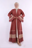 Kol ve Etek Ucu İki Renkli Bel Kuşaklı Piliseli Abaya 7454 Gül Kurusu thumbnail 1