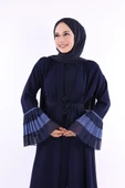 Kol ve Etek Ucu İki Renkli Bel Kuşaklı Piliseli Abaya 7454 Lacivert thumbnail 4