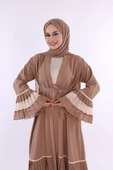 Kol ve Etek Ucu İki Renkli Bel Kuşaklı Piliseli Abaya 7454 Vizon thumbnail 4