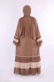 Kol ve Etek Ucu İki Renkli Bel Kuşaklı Piliseli Abaya 7454 Vizon thumbnail 2