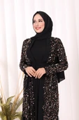 Tül İşleme Detay Pul Payetli Abaya 7376 Gold thumbnail 7