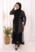 Tül İşleme Detay Pul Payetli Abaya 7376 Gold thumbnail 4