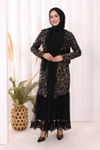 Tül İşleme Detay Pul Payetli Abaya 7376 Gold thumbnail 3