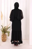 Tül İşleme Detay Pul Payetli Abaya 7376 Gold thumbnail 6