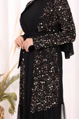 Tül İşleme Detay Pul Payetli Abaya 7376 Gold thumbnail 8