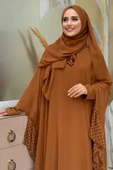 Benekli Yaka Detay Şifon Pelerinli Elbise Takım 3643 Taba thumbnail 4