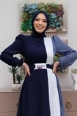 Üç Renkli Bel Kemer Pilise Detay Elbise 3622 Lacivert - 4