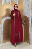 Taş Detaylı Abaya Sıfır Kol Elbise Takım 3657 Bordo thumbnail 1