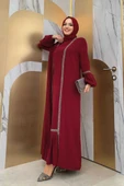 Taş Detaylı Abaya Sıfır Kol Elbise Takım 3657 Bordo thumbnail 7