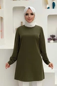 Kol Manşetleri Düğmeli Bisiklet Yaka Uzun Tunik 2649 Haki thumbnail 1