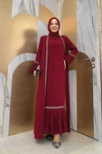 Taş Detaylı Abaya Sıfır Kol Elbise Takım 3657 Bordo thumbnail 2