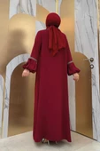 Taş Detaylı Abaya Sıfır Kol Elbise Takım 3657 Bordo thumbnail 4
