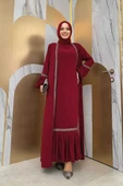 Taş Detaylı Abaya Sıfır Kol Elbise Takım 3657 Bordo thumbnail 6