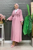 Kemer Aksesualrı Şifon Detaylı Abaya ve İçlik Takım 8391 Pudra thumbnail 6