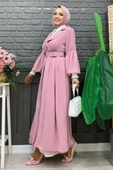 Kemer Aksesualrı Şifon Detaylı Abaya ve İçlik Takım 8391 Pudra thumbnail 7