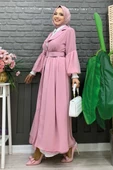 Kemer Aksesualrı Şifon Detaylı Abaya ve İçlik Takım 8391 Pudra thumbnail 3