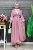 Kemer Aksesualrı Şifon Detaylı Abaya ve İçlik Takım 8391 Pudra thumbnail 5