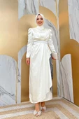 Etek Püskül Detay Kemer Aksesuarlı Saten Abiye Elbise 3763 Ekru thumbnail 1