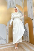 Etek Püskül Detay Kemer Aksesuarlı Saten Abiye Elbise 3763 Ekru thumbnail 3