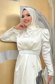 Etek Püskül Detay Kemer Aksesuarlı Saten Abiye Elbise 3763 Ekru thumbnail 4
