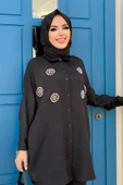 Taş Detaylı Düğmeli Tunik ve Pantolon Takım 8403 Siyah - 8