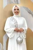 Omuz Taş İşlemeli Bel Bağlamalı Ferace 7805 Ekru - 8