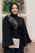 Omuz Taş İşlemeli Bel Bağlamalı Ferace 7805 Siyah thumbnail 9