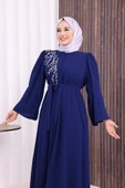 Omuz Taş İşlemeli Bel Bağlamalı Ferace 7805 Lacivert thumbnail 6