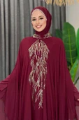 Pul Payet İşlemeli Şifon Pelerinli Elbiseli Abiye Takım 3774 Bordo thumbnail 4