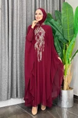 Pul Payet İşlemeli Şifon Pelerinli Elbiseli Abiye Takım 3774 Bordo thumbnail 2
