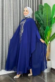 Pul Payet İşlemeli Şifon Pelerinli Elbiseli Abiye Takım 3774 Lacivert - 2