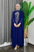 Pul Payet İşlemeli Şifon Pelerinli Elbiseli Abiye Takım 3774 Lacivert - 3