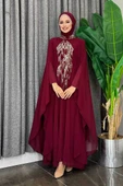 Pul Payet İşlemeli Şifon Pelerinli Elbiseli Abiye Takım 3774 Bordo thumbnail 1
