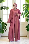 Dantel Abaya Bel Kuşaklı Cep Detaylı Tulum Takım 3782 Gül Kurusu - 1