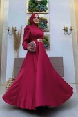 Göğüs Kısmı Kat Şerit Detay Bel Kemer Aksesuarlı Abiye Elbise 3792 Bordo thumbnail 2