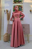 Göğüs Kısmı Kat Şerit Detay Bel Kemer Aksesuarlı Abiye Elbise 3792 Gül Kurusu thumbnail 2