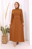Taş Detaylı Bel Kuşaklı Elbise 3797 Taba thumbnail 1
