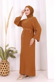 Taş Detaylı Bel Kuşaklı Elbise 3797 Taba thumbnail 3