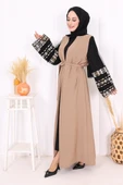 Kol İşlemeli Bel Kuşaklı Abaya 7814 Vizon thumbnail 3