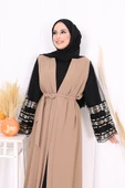 Kol İşlemeli Bel Kuşaklı Abaya 7814 Vizon thumbnail 5