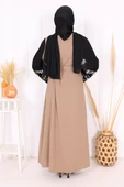 Kol İşlemeli Bel Kuşaklı Abaya 7814 Vizon thumbnail 4
