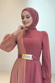 İki Renkli Şifon Bel Kemer Aksesuarlı Abiye Elbise 3806 Gül Kurusu thumbnail 3