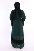 Kol ve Etek Ucu İki Renkli Bel Kuşaklı Piliseli Abaya 7454 Zümrüt thumbnail 2