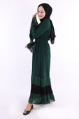 Kol ve Etek Ucu İki Renkli Bel Kuşaklı Piliseli Abaya 7454 Zümrüt thumbnail 3