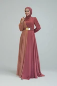 İki Renkli Şifon Bel Kemer Aksesuarlı Abiye Elbise 3806 Gül Kurusu thumbnail 1
